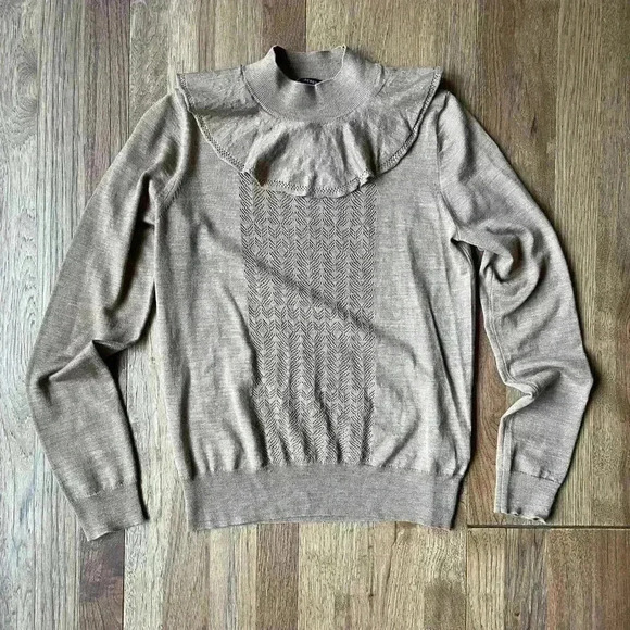 J. Crew Wool Ruffle Mock Neck‎ Pointelle Sweater Holiday Coquette Boho Sz XS - Picture 2 of 9